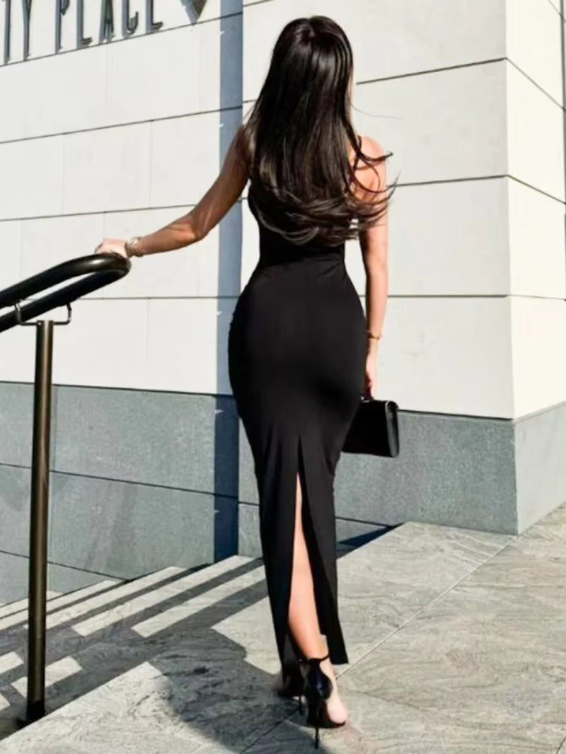 Backside Split Sexy Streetwear Spaghetti Strap Long Dress for Women Solid Color Bodycon Robe Longue Femme Été Vestidos De Mujer